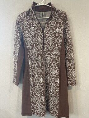 Sahalie Womens Anthropologie Brown Cream Ribbed Printed 1/2 Zip Dress Size Med
